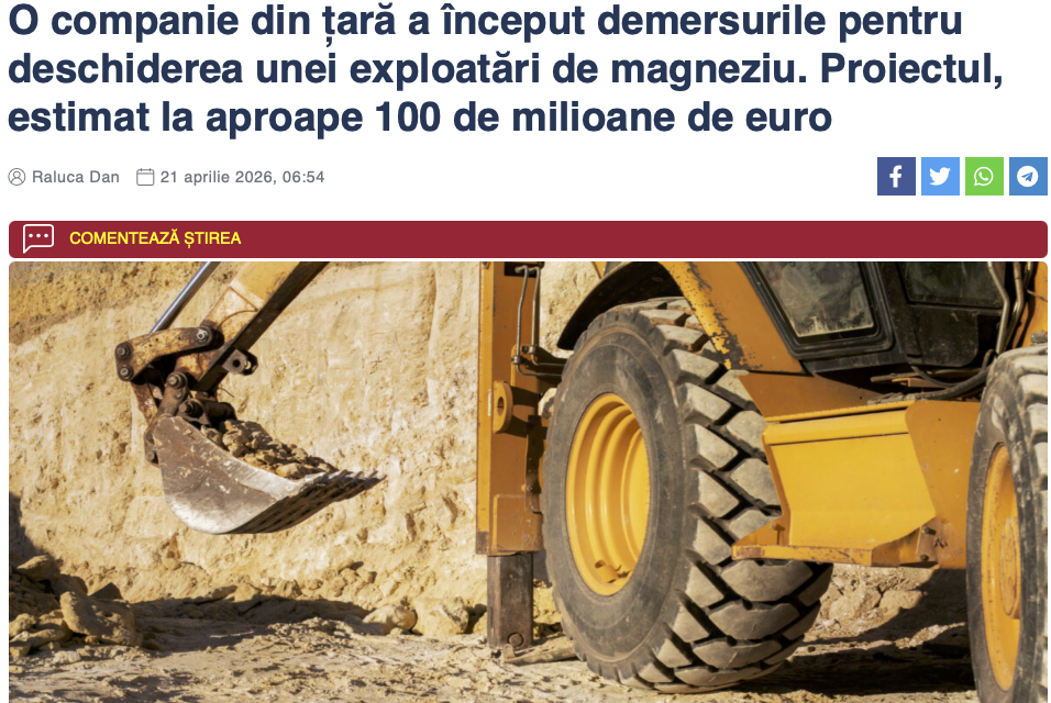 EVZ: O companie din țară a început demersurile pentru deschiderea unei exploatări de magneziu
